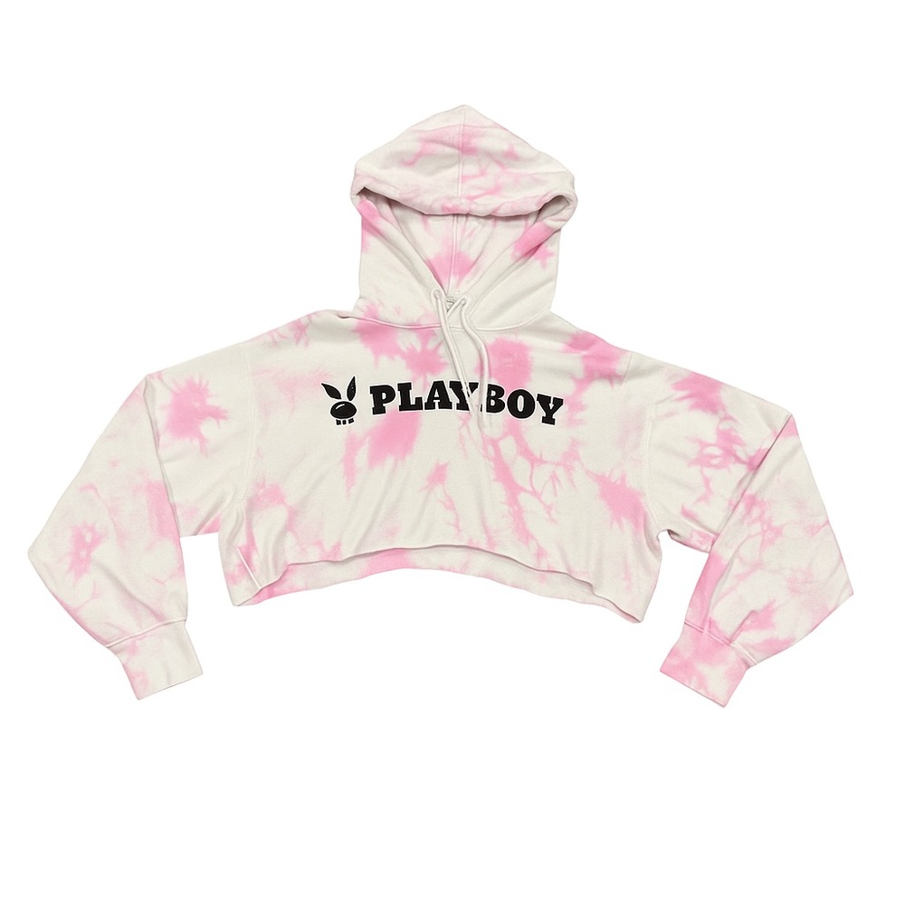 pink cropped tie die playboy hoodie